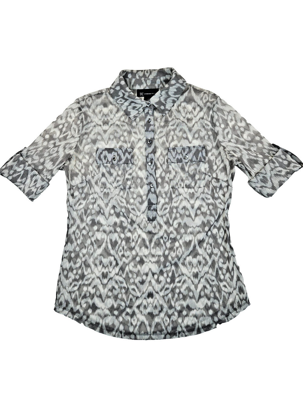 INC International Concepts gray & white sheer button up blouse size M